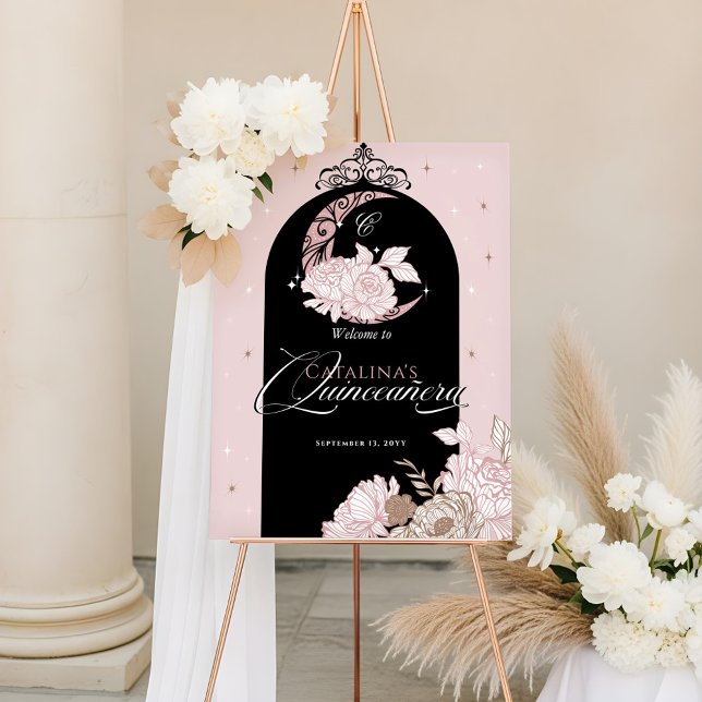 Floral Pink Celestial Moon Quinceanera Welcome Foam Board (Floral Pink Celestial Moon Quinceanera Welcome Foam Board)