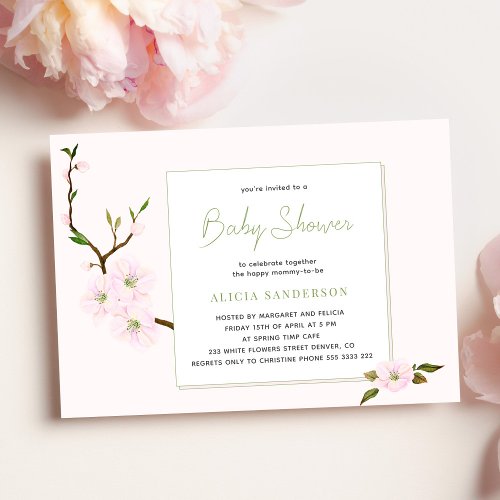 Floral pink cherry blossom girl baby shower invitation