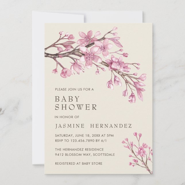 Floral Pink Cherry Blossom Girl Baby Shower Invitation (Front)