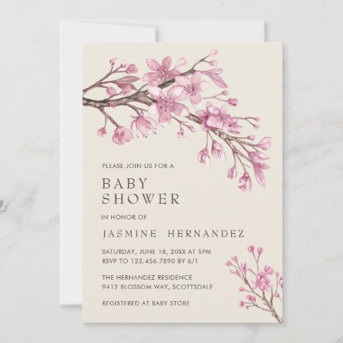 Floral Pink Cherry Blossom Girl Baby Shower Invitation