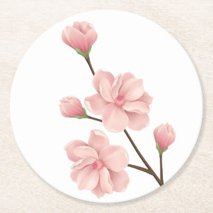 Floral Pink Cherry Blossoms Flower Wedding Party Round Paper Coaster