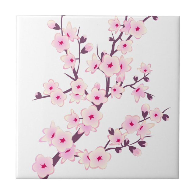 Floral Pink Cherry Blossoms Pink White Ceramic Tile (Front)