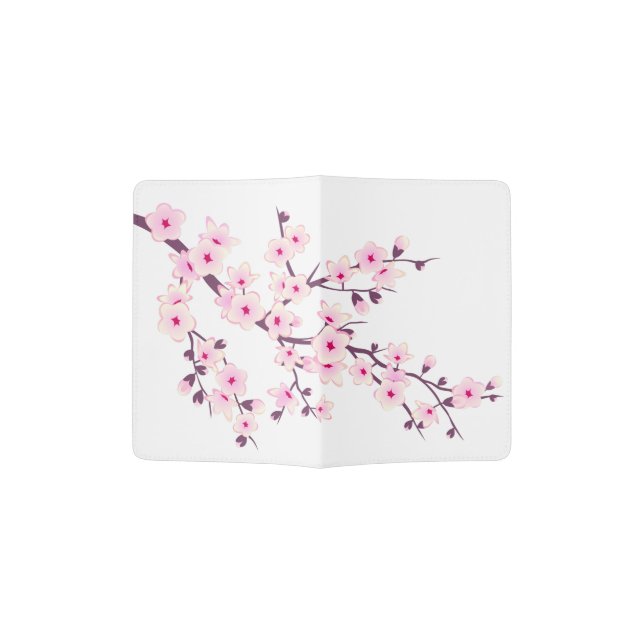 Floral Pink Cherry Blossoms Pink White Passport Holder (Opened)