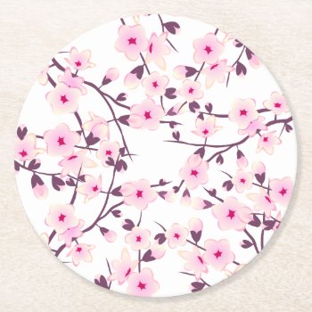 Floral Pink Cherry Blossoms Round Paper Coaster by NinaBaydur at Zazzle