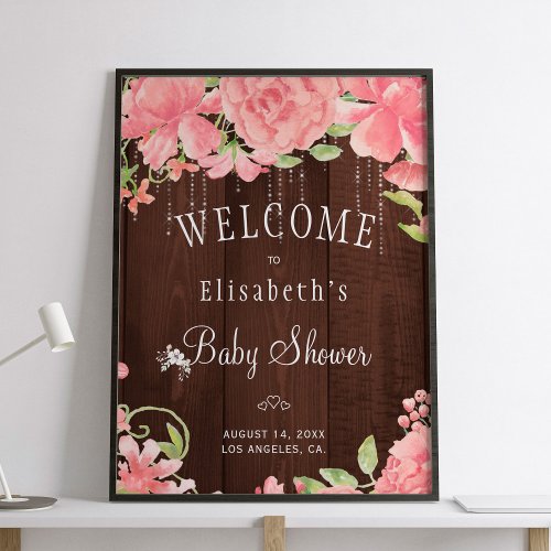 Floral pink chic rustic baby shower welcome sign