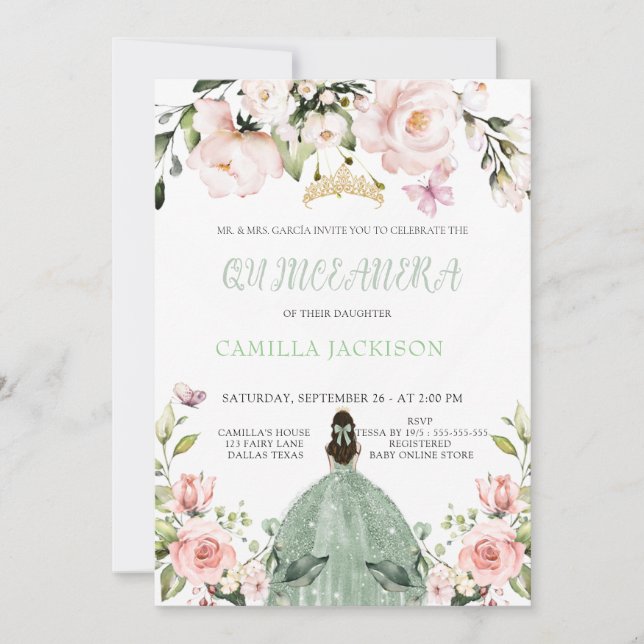  Floral Pink Chic Sage Green Quinceanera Baby show Invitation (Front)