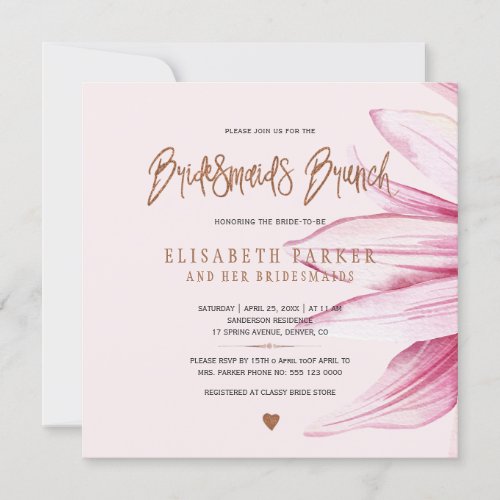 Floral pink copper glitter bridesmaids brunch invitation
