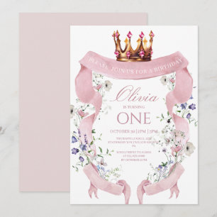 Floral Pink Coquette Bow Ribbon First Birthday Invitation