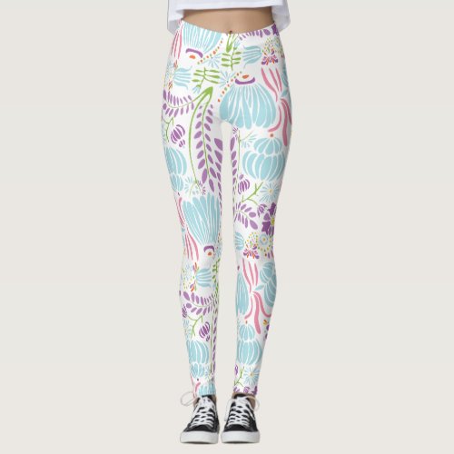 Floral Pink Coral Green and Blue Art Deco Pattern Leggings