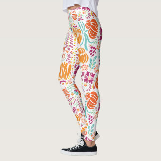 Floral Pink Coral Green Plum Blue Art Deco Pattern Leggings