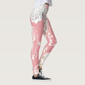 Floral Pink Coral Green Vintage Rose Pattern Leggings