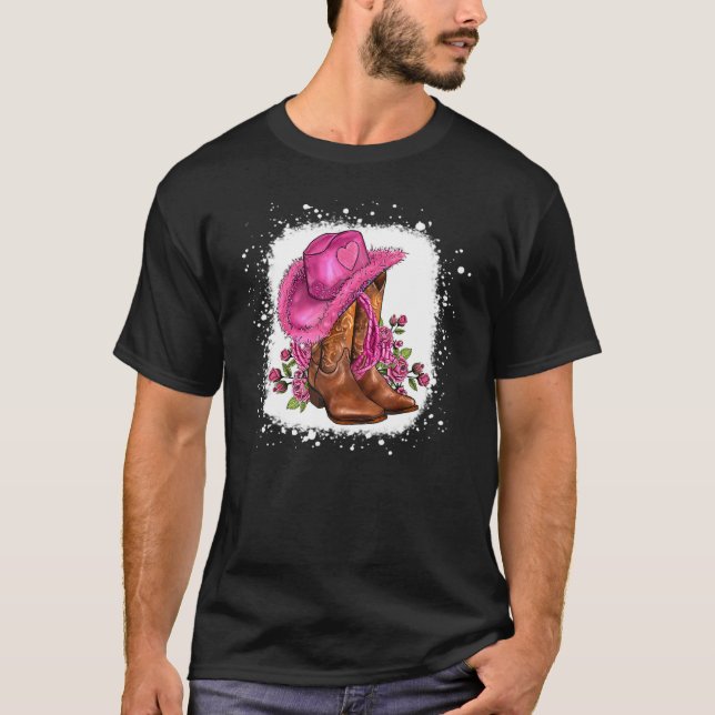 Floral Pink Cowgirl Boots And Hat Valentines Weste T-Shirt (Front)