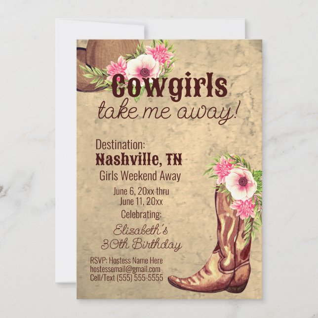 Floral Pink Cowgirl Destination Birthday Itinerary Invitation (Front)