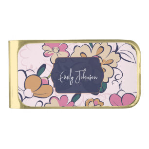 Floral Pink Cream Abstract Flowers Custom Name Gold Finish Money Clip