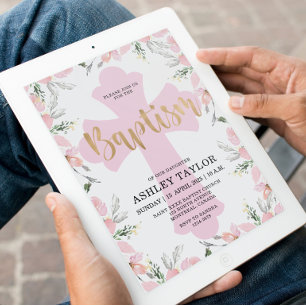 Floral Pink Cross Baptism invitation