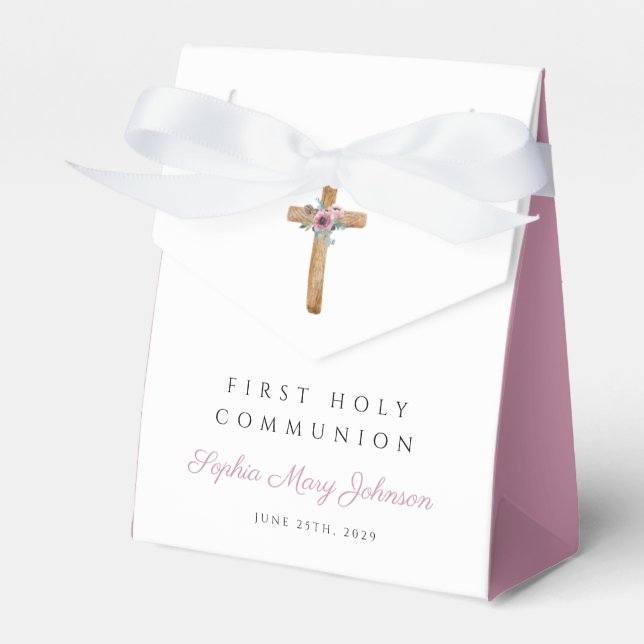Floral Pink Cross Girl First Communion Favor Boxes (Front Side)