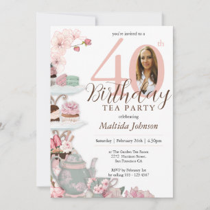 Floral Pink Custom Photo Tea Party 40th Birthday Invitation