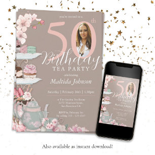 Floral Pink Custom Photo Tea Party 50th Birthday Invitation