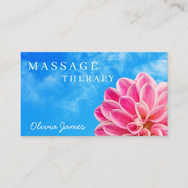 Floral pink dahlia flower cloudy blue sky massage business card (Front)
