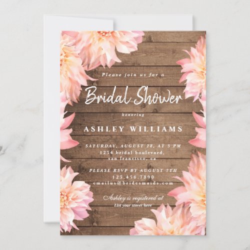 Floral Pink Dahlia Rustic Wood Bridal Shower Invitation