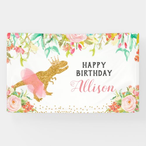 Floral Pink Dinosaur Birthday Banner
