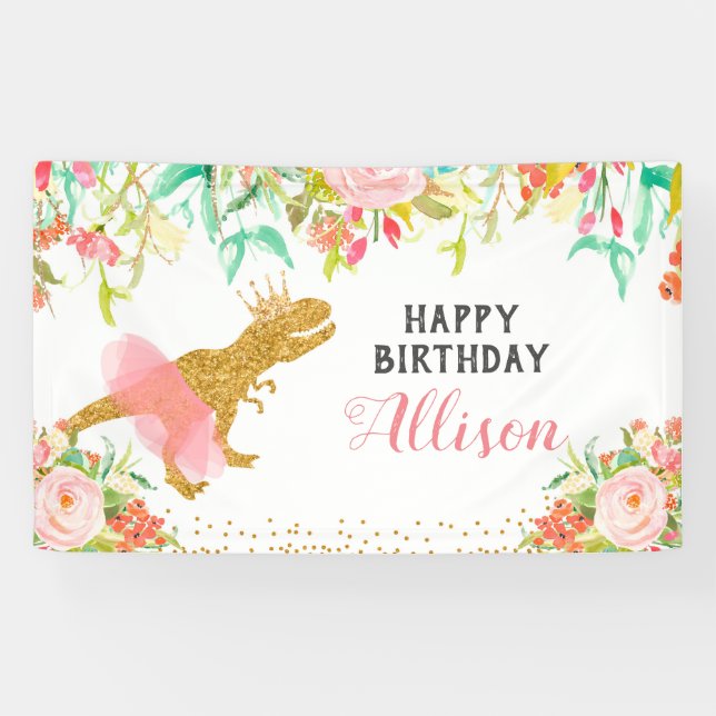 Floral Pink Dinosaur Birthday Banner (Horizontal)