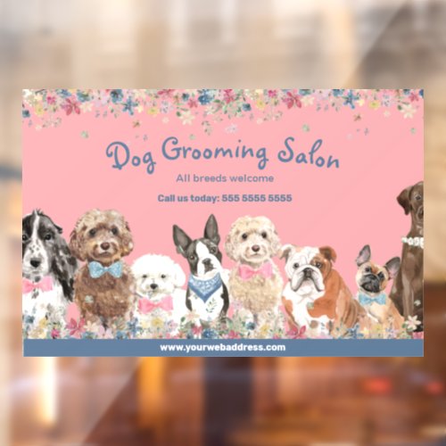Floral Pink Dog Grooming Salon Promotional Window Cling