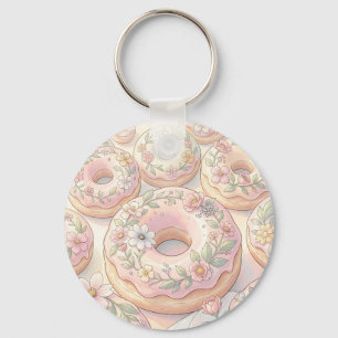 Floral Pink Donuts Pastel Illustration Keychain
