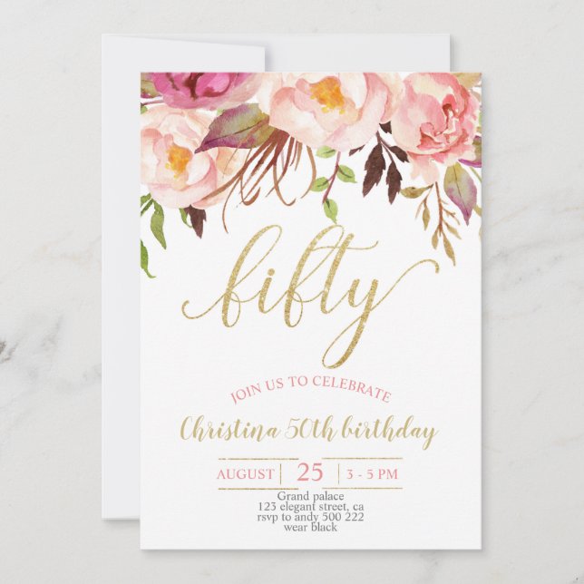 Floral Pink Elegant 50th Birthday Women Invitation (Front)