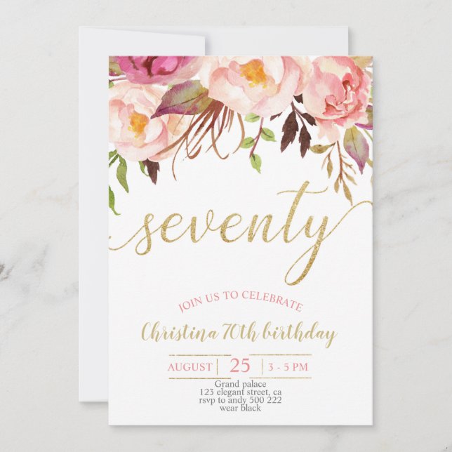 Floral Pink Elegant 70th Birthday Women Invitation (Front)