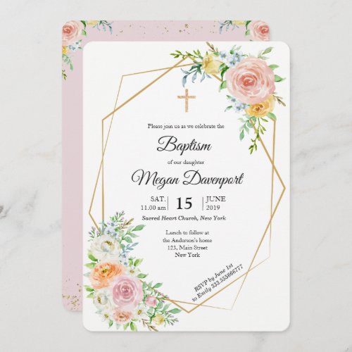 Floral pink elegant Baptism Religious event Invitation