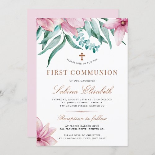 Floral pink elegant holy first communion invitation