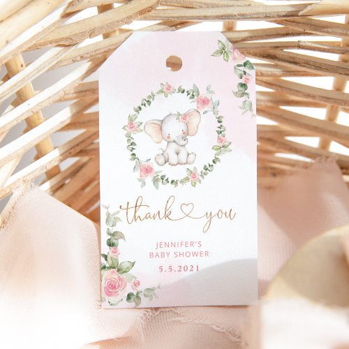 Floral pink elephant baby shower  gift tags