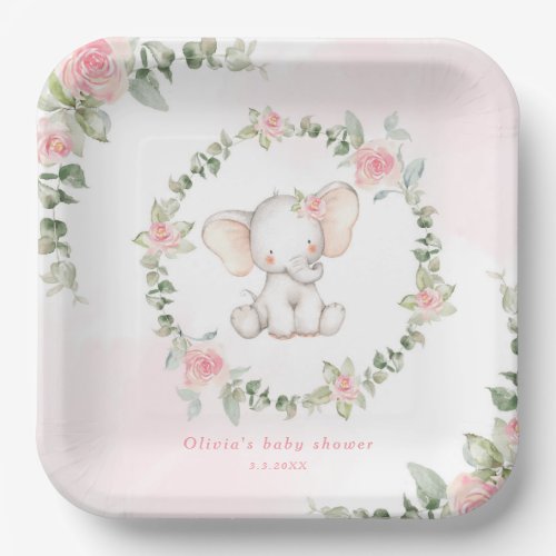 Floral pink elephant little peanut baby shower paper plates