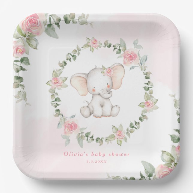 Floral pink elephant little peanut baby shower paper plates (Front)