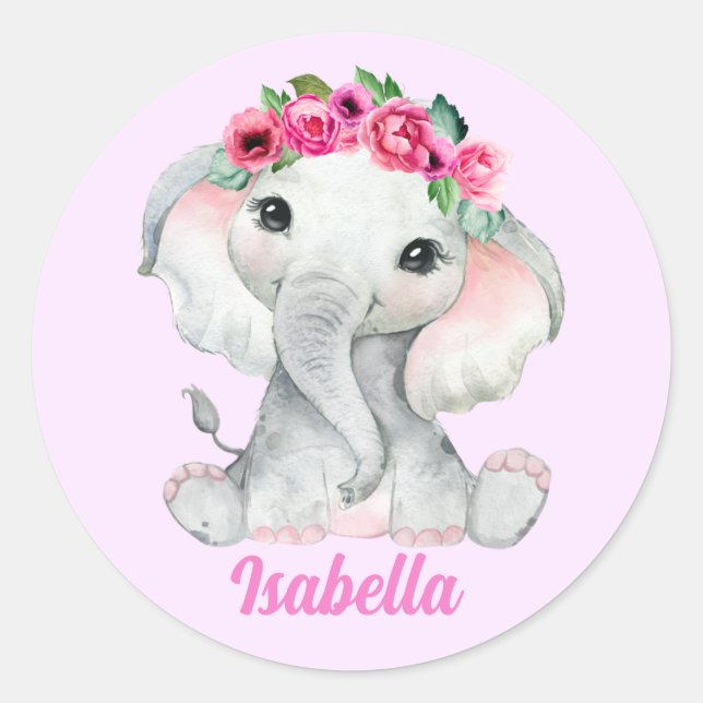 Floral Pink Elephant Personalized Name Classic Round Sticker (Front)