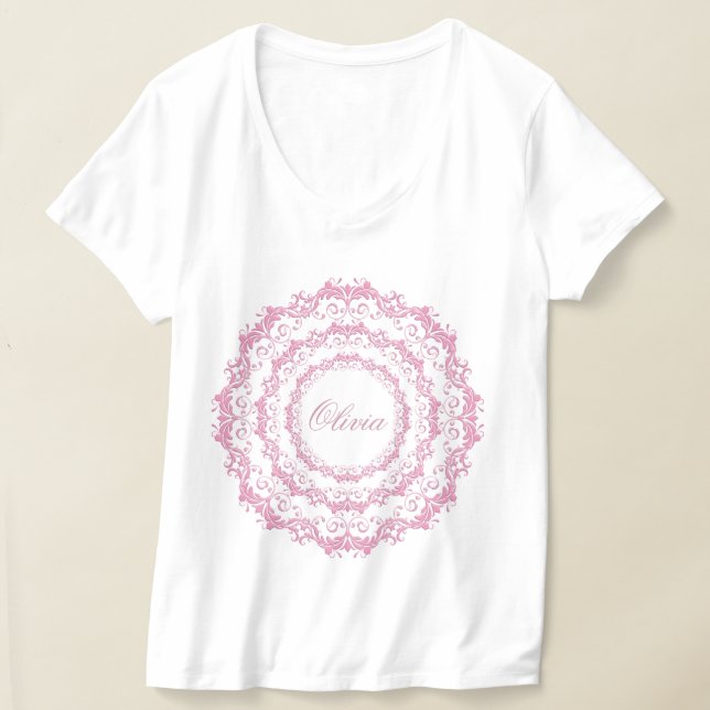 Floral pink ethnic mandala. Name. T-Shirt (Laydown)