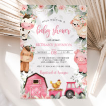 Floral Pink Farm Animals Baby Shower Invitation