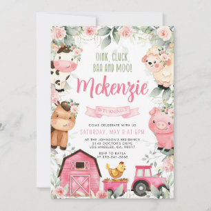 Floral Pink Farm Birthday Party Invitation
