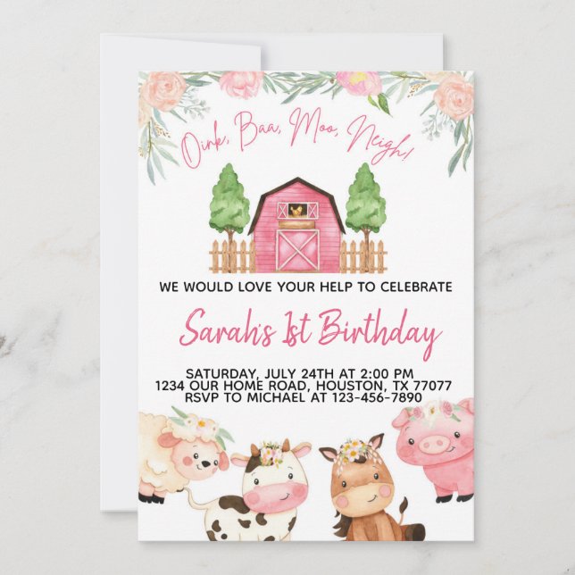 Floral Pink Farm Watercolor Invitation (Front)