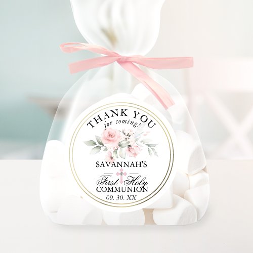 Floral Pink First Holy Communion Thank You Classic Classic Round Sticker