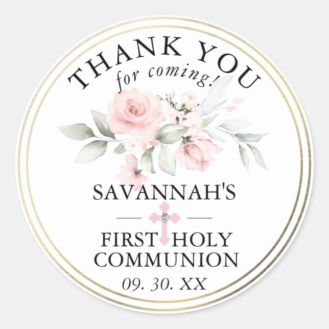 Floral Pink First Holy Communion Thank You Classic Round Sticker (Front)