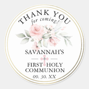 Floral Pink First Holy Communion Thank You Classic Round Sticker