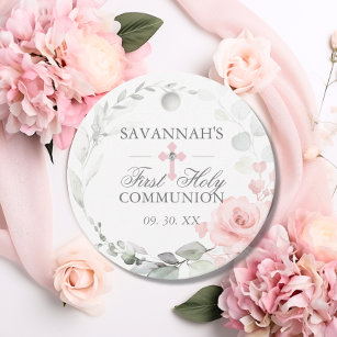 Floral Pink First Holy Communion Thank You Favor Tags