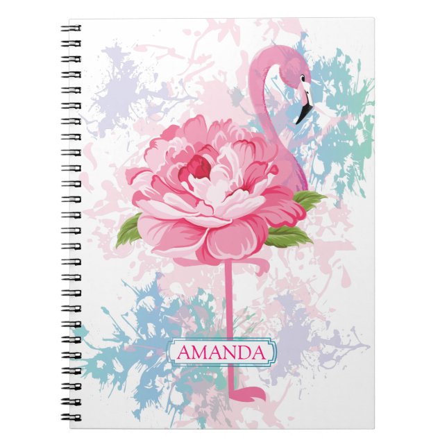 Floral Pink flamingo design Personalized Notebook (Front)