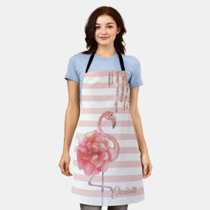 Floral Pink Flamingos,Glitter Drips, Stripes Apron