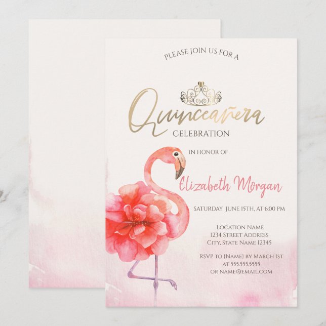 Floral Pink Flamingos Gold Tiara Quinceañera  Invitation (Front/Back)