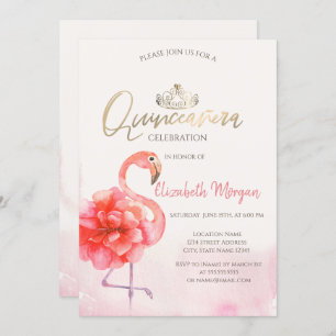 Floral Pink Flamingos Gold Tiara Quinceañera Invitation
