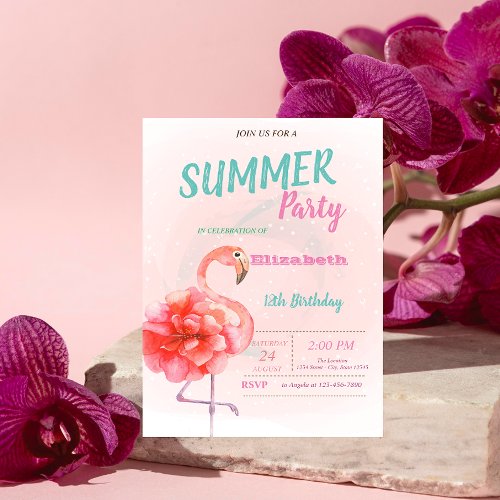 Floral Pink Flamingos Summer Birthday Party  Invitation