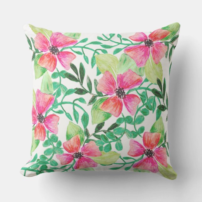 Floral pink flower and green foliage tropical throw pillow (Front)